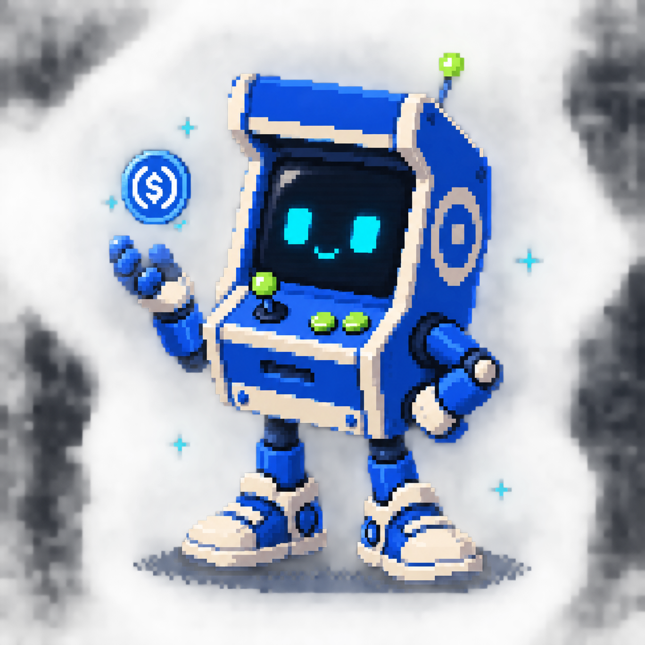 ARCade's blue pixel robot floating a USDC coin above its hand