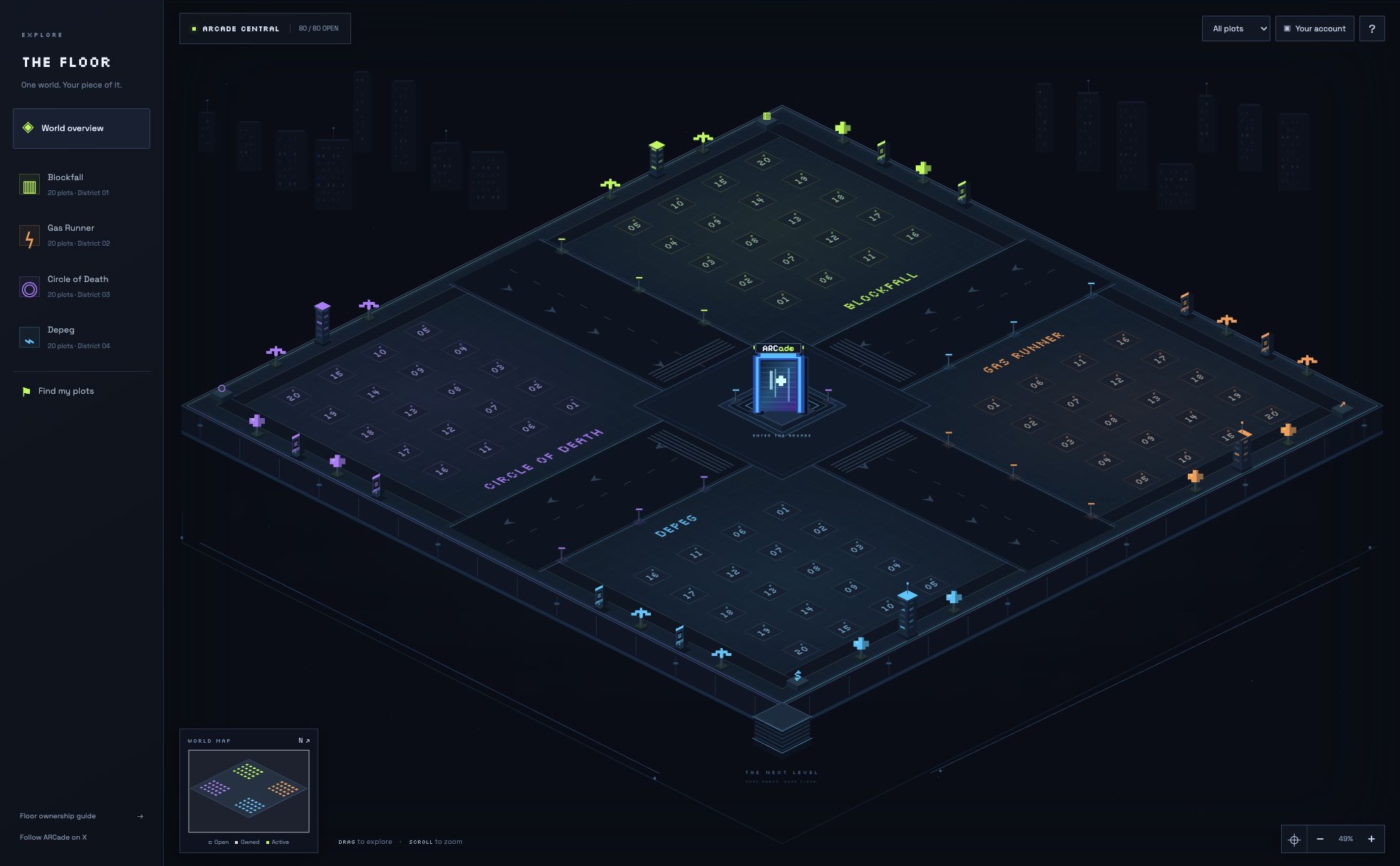 Arcade Floor preview with the left navigation panel and all 80 plots unowned across Blockfall, Gas Runner, Circle of Death and Depeg