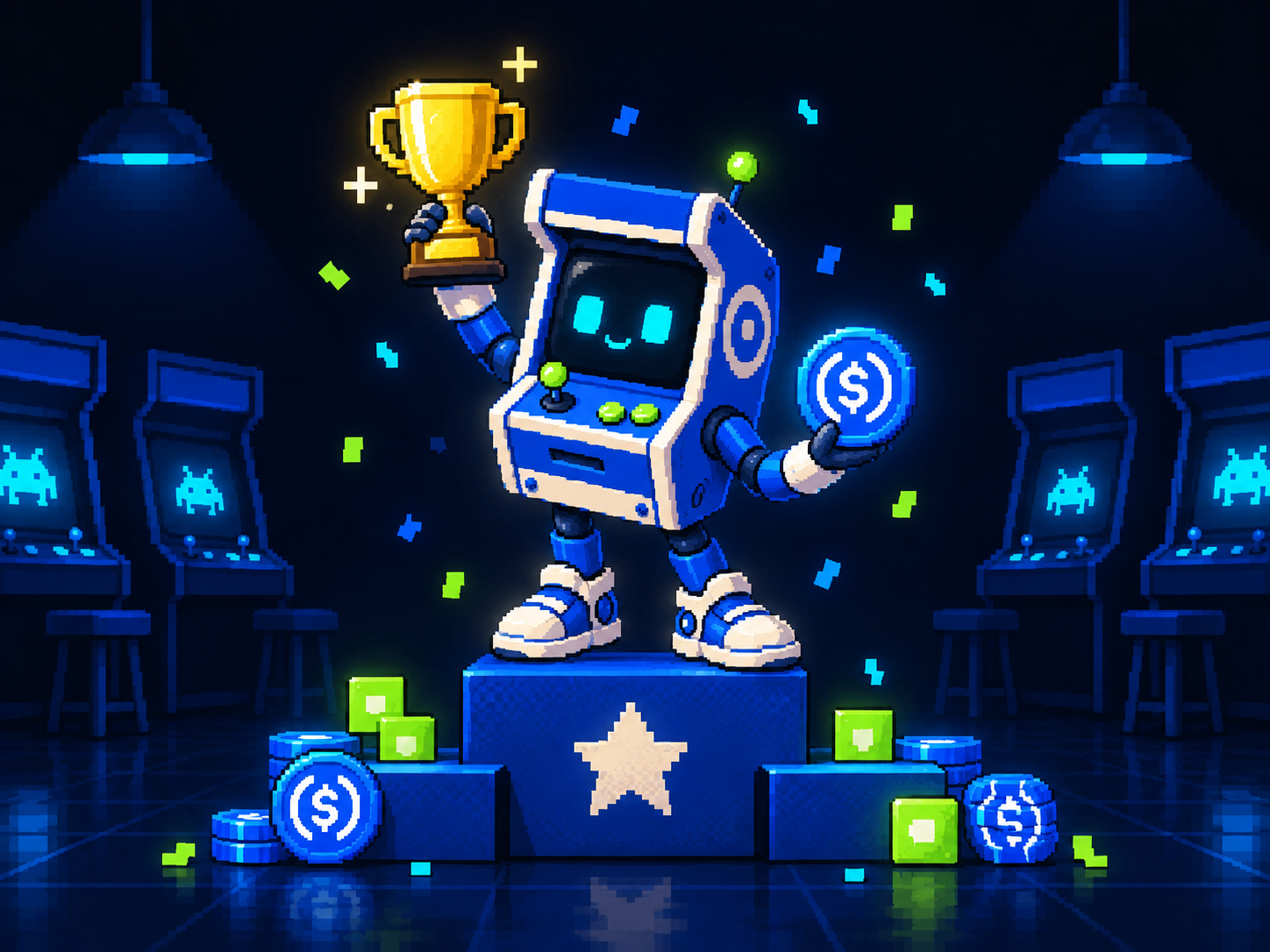 The ARCade robot celebrating on a podium with a trophy and a USDC coin